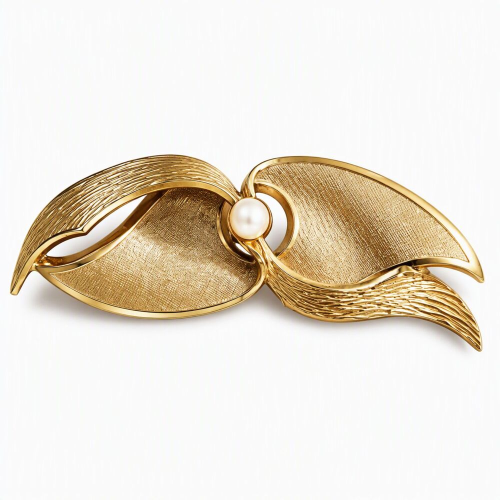 VTG Mid Century Retro Signed Western Germany Gold Tone Faux Pearl Leaf Brooch
